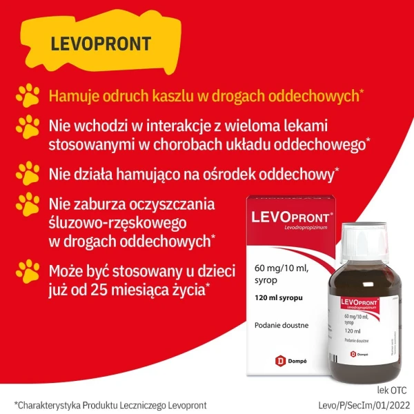 Levopront 60mg/10ml, lek na kaszel suchy dla dzieci od 2 lat i dorosłych, syrop, 120ml 2