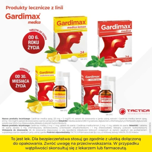 Gardimax medica lemon (5mg+1mg), bez cukru, 24 tabletki do ssania 5