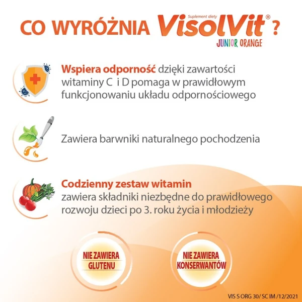 Visolvit Junior Orange, proszek musujący, smak pomarańczowy, po 3 roku życia, 30 saszetek 3