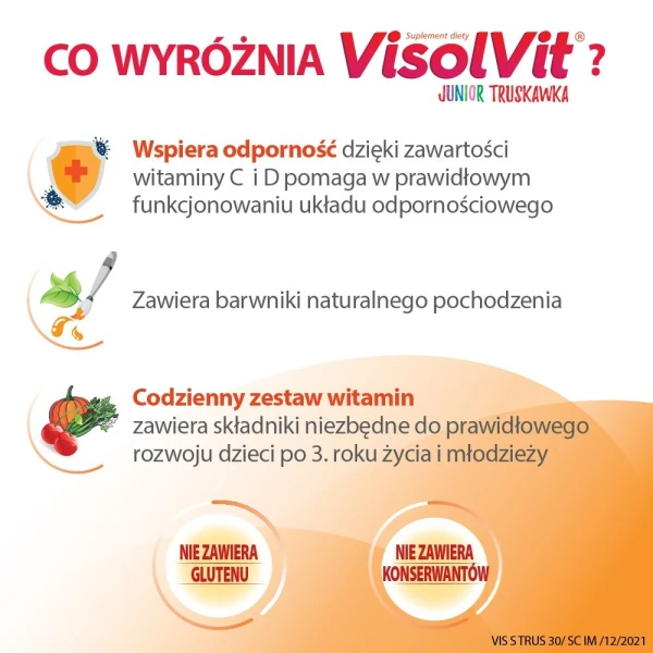 Visolvit Junior Truskawka, proszek musujący, smak truskawkowy, po 3 roku życia, 30 saszetek 2