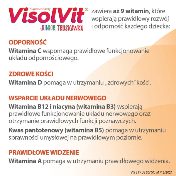 Visolvit Junior Truskawka, proszek musujący, smak truskawkowy, po 3 roku życia, 30 saszetek 3