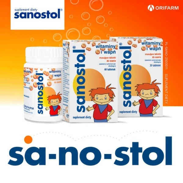 Sanostol, witaminy i wapń, smak pomarańczowy, 60 musujących tabletek do ssania 4