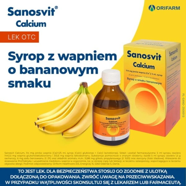 Sanosvit Calcium 114mg Ca2+/5ml, syrop o smaku bananowym, 150ml 2