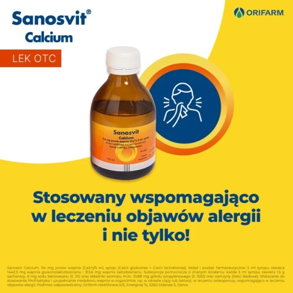 Sanosvit Calcium 114mg Ca2+/5ml, syrop o smaku bananowym, 150ml 3