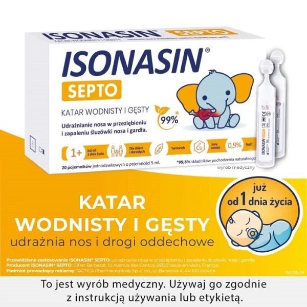 Isonasin Septo, katar wodnisty i gęsty, od urodzenia, 20 ampułek po 5ml 2