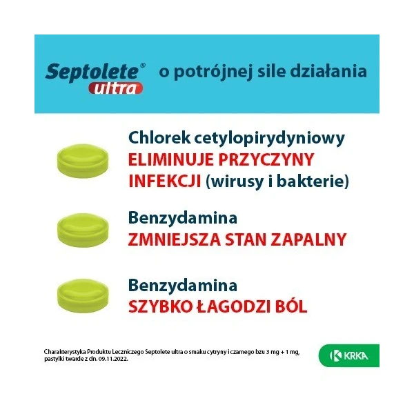 Septolete Ultra (3mg + 1mg), smak cytryny i czarnego bzu, 16 pastylek twardych 3
