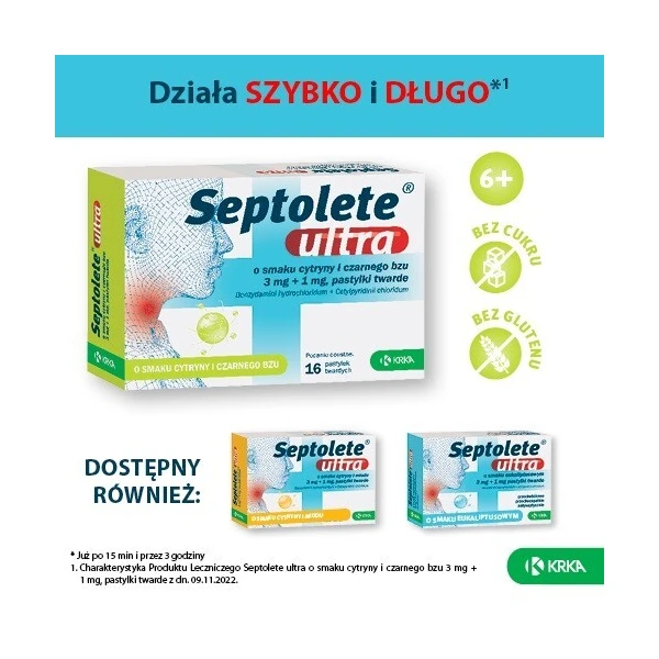 Septolete Ultra (3mg + 1mg), smak cytryny i czarnego bzu, 16 pastylek twardych 4