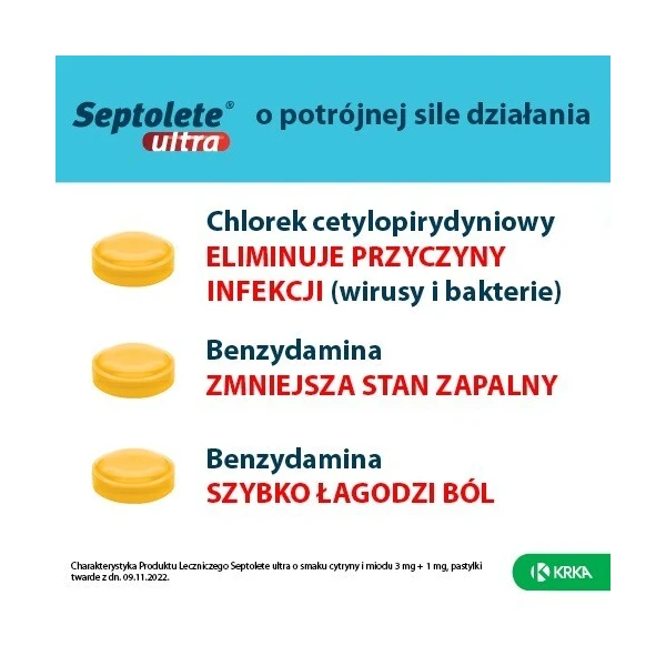 Septolete Ultra (3mg + 1mg), smak cytryny i miodu, 16 pastylek twardych 2