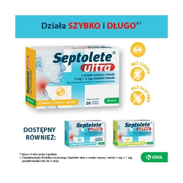 Septolete Ultra (3mg + 1mg), smak cytryny i miodu, 16 pastylek twardych 3