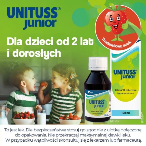 Unituss Junior 60mg/10ml, syrop, smak truskawkowy, dla dzieci powyżej 3 roku życia, 120ml 3