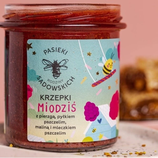 Pasieki Rodziny Sadowskich, Krzepki Miodziś, z pierzgą, pyłkiem pszczelim, maliną i mleczkiem pszczelim, po 3 roku życia, 410g 3