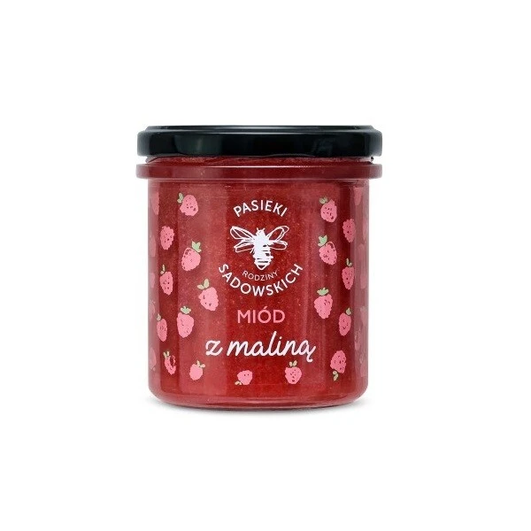 Pasieki Rodziny Sadowskich, zestaw dwóch miodów nr 1, miód z maliną, 430g + miód z cytryną, 430g + drewniana łyżeczka 2