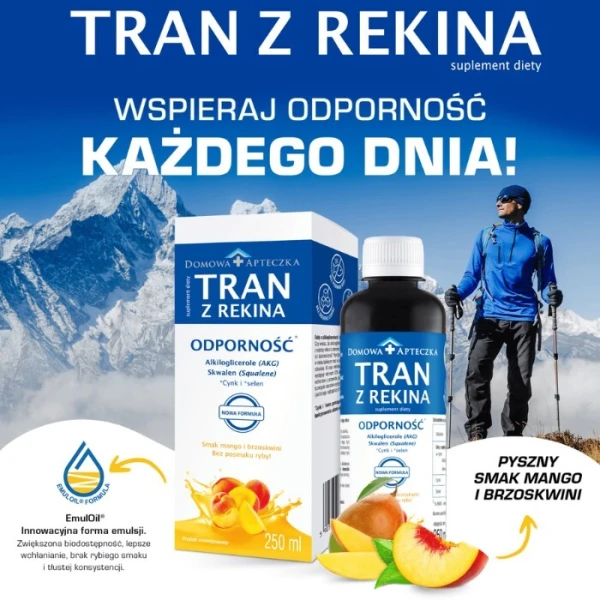 Domowa Apteczka, Tran z rekina, Odporność, smak mango i brzoskwinia, po 3 roku życia, 250ml 2