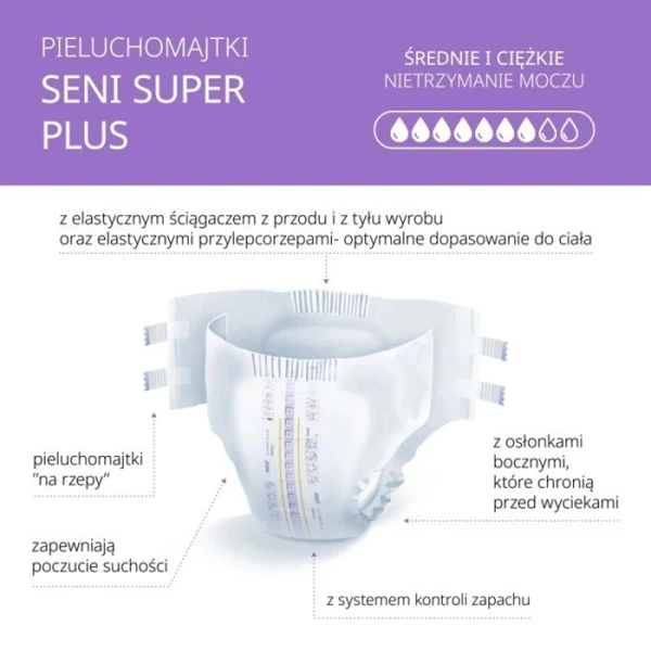 Pieluchomajtki Seni Super Plus, rozmiar M, chłonność 7, nowa wersja, 30 sztuk 2