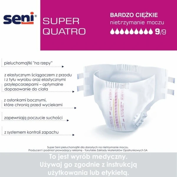 Pieluchomajtki Seni Super Quatro, rozmiar M, chłonność 9, nowa wersja, 10 sztuk 2