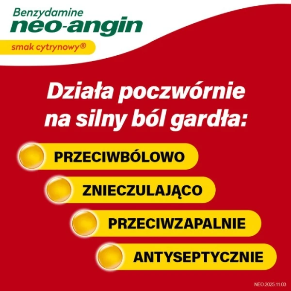 Benzydamine Neo-Angin 3mg, smak cytrynowy, po 6 roku życia, 20 pastylek do ssania 2