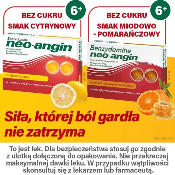 Benzydamine Neo-Angin 3mg, smak cytrynowy, po 6 roku życia, 20 pastylek do ssania 4