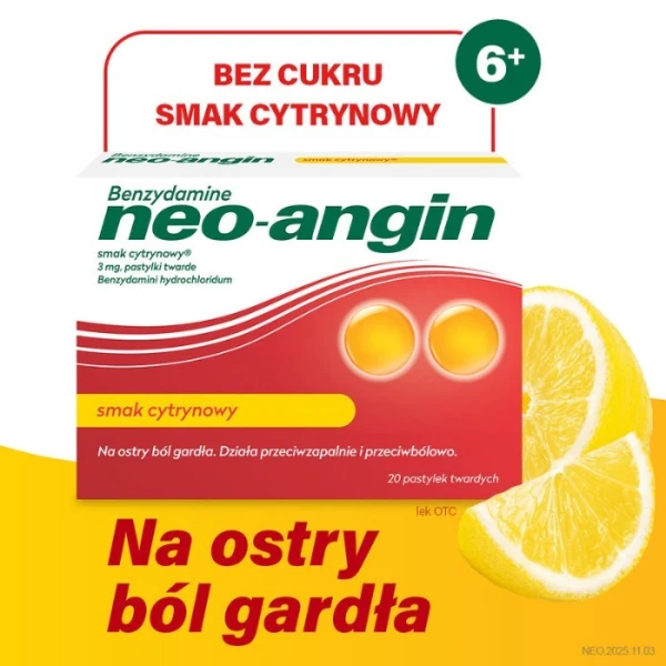 Benzydamine Neo-Angin 3mg, smak cytrynowy, po 6 roku życia, 20 pastylek do ssania 5