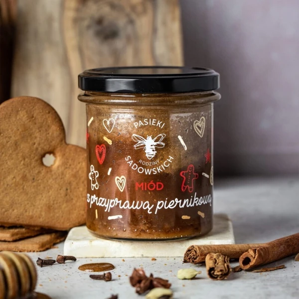 Pasieki Rodziny Sadowskich, zestaw dwóch miodów, miód z pyłkiem i propolisem, 430g + miód z przyprawą piernikową, 430g 2