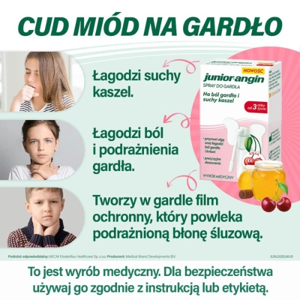 Junior-angin, spray na ból gardła, smak wiśniowy, dla dzieci od 3 roku życia, 20ml 2