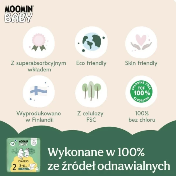 Moomin Baby, pieluchy, rozmiar 2, waga 3-6 kg, 56 sztuk 2
