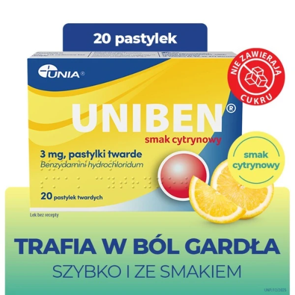 Uniben 3mg, smak cytrynowy, 20 pastylek do ssania 2
