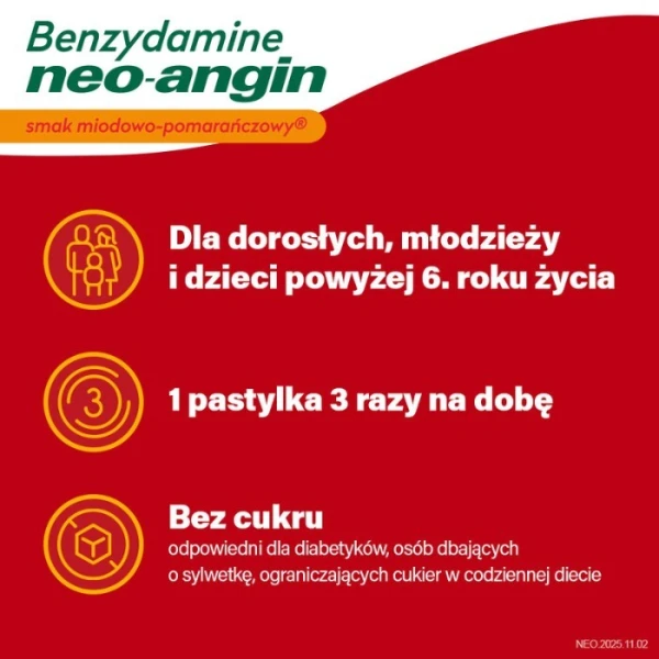Benzydamine Neo-Angin 3mg, smak miodowo-pomarańczowy, po 6 roku życia, 20 pastylek do ssania 2