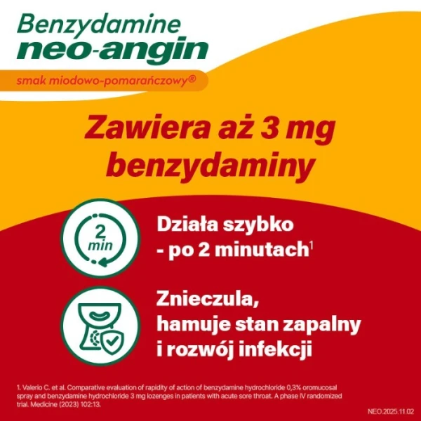 Benzydamine Neo-Angin 3mg, smak miodowo-pomarańczowy, po 6 roku życia, 20 pastylek do ssania 3