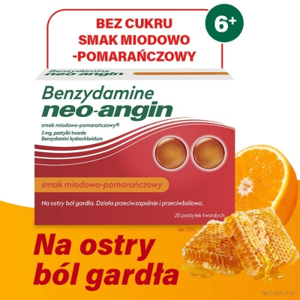 Benzydamine Neo-Angin 3mg, smak miodowo-pomarańczowy, po 6 roku życia, 20 pastylek do ssania 4