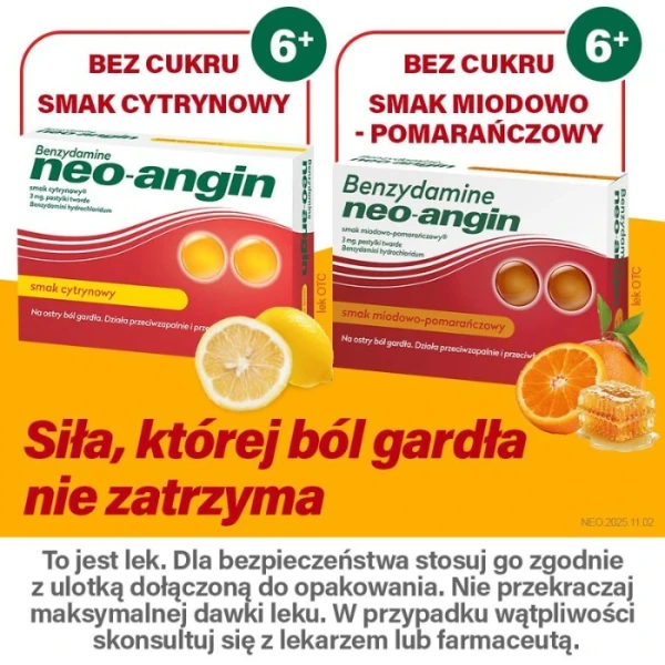 Benzydamine Neo-Angin 3mg, smak miodowo-pomarańczowy, po 6 roku życia, 20 pastylek do ssania 5