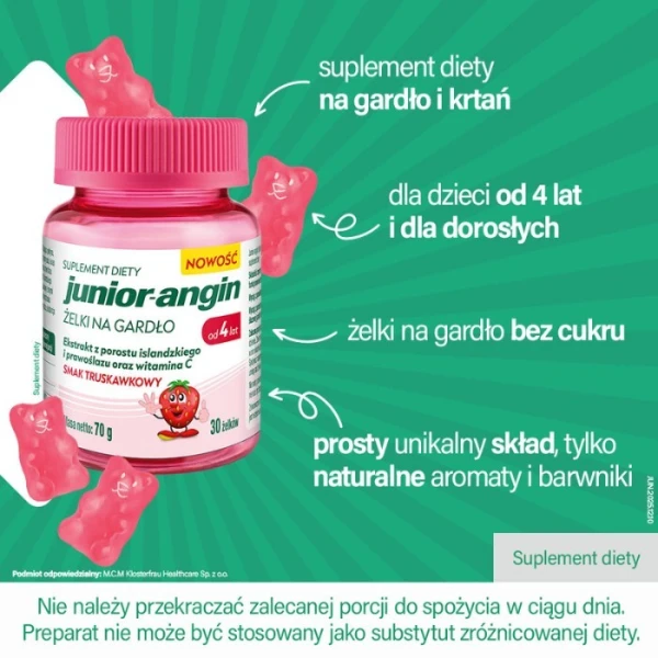 Junior-angin, żelki na gardło, smak truskawkowy, dla dzieci od 4 roku życia, 30 sztuk 2