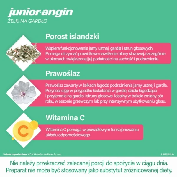 Junior-angin, żelki na gardło, smak truskawkowy, dla dzieci od 4 roku życia, 30 sztuk 4