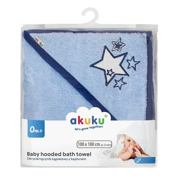 Akuku, ręcznik kąpielowy z kapturkiem, niebieski, od urodzenia, A0663, 1 sztuka 2