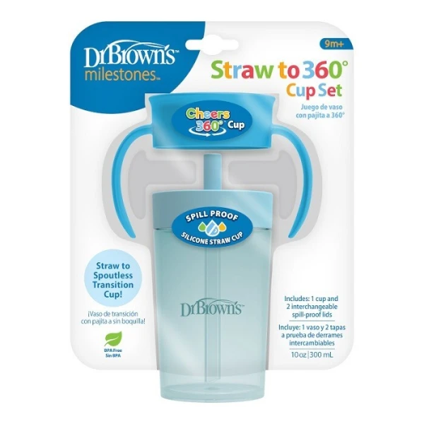 Dr Brown's, od kubka ze słomką do kubka 360°, picie jak ze szklanki, niebieski, po 9 miesiącu, 300ml 2