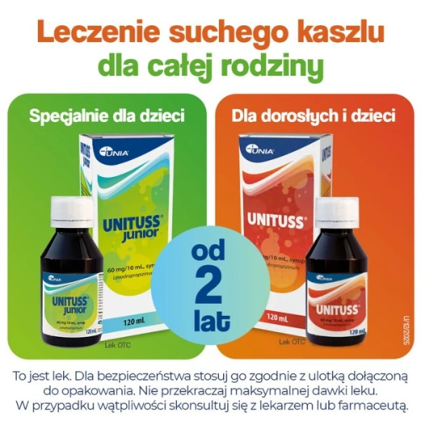 Unituss 60mg/10ml, syrop, smak truskawkowy, dla dzieci powyżej 2 roku życia, 120ml 2