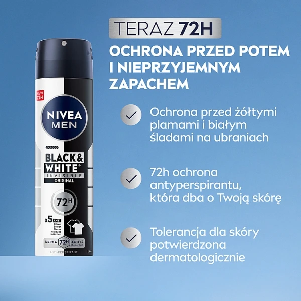 Nivea Men Black & White Invisible, antyperspirant dla mężczyzn, 72 h, Original, 150ml 4