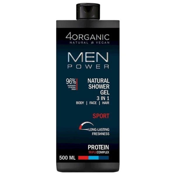 4Organic, Men Power, żel pod prysznic dla mężczyzn, Sport 3w1, 500ml