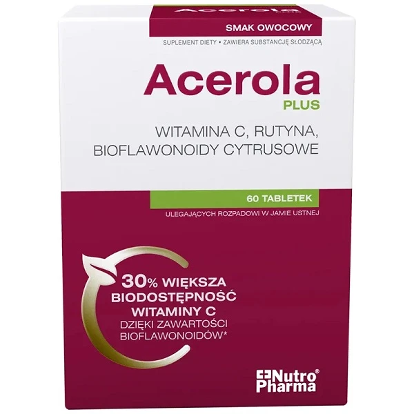 Acerola Plus, witamina C i bioflawonoidy cytrusowe, smak pomarańczowy, 60 tabletek do ssania