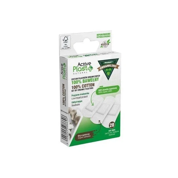 Active Plast Natural, plaster organiczny 100% bawełny, biały, mix rozmiarów, 20 sztuk
