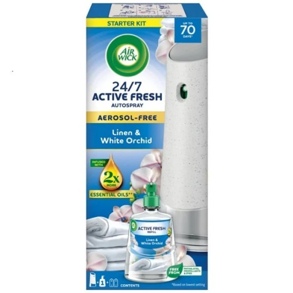 Air Wick 24/7 Active Fresh, dyfuzor automatyczny z wkładem zapasowym, Linen & White Orchid, 1 opakowanie