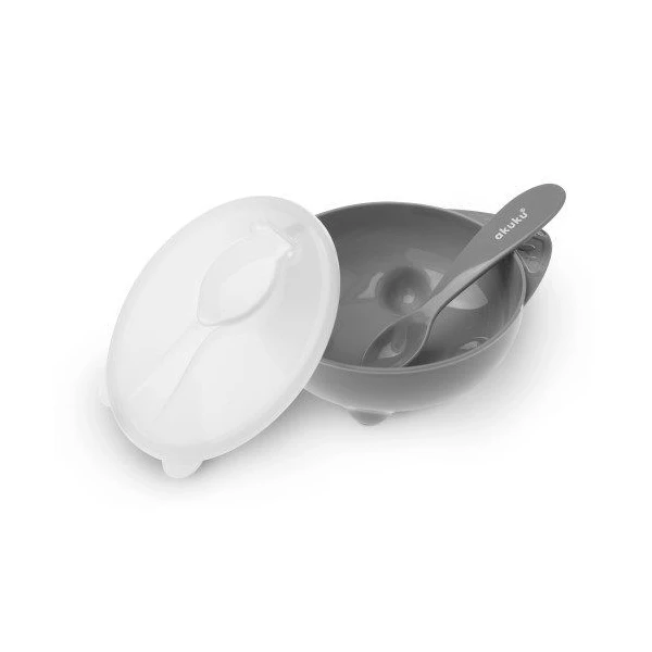 Akuku, miseczka z łyżeczką, szara, A0425, po 6 miesiącu, 250ml