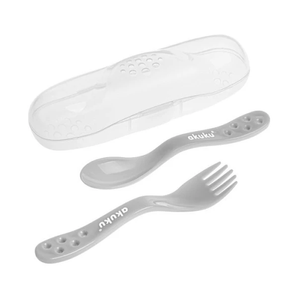 Akuku, zestaw sztućców w etui, szare, A0073, po 9 miesiącu, 1 opakowanie