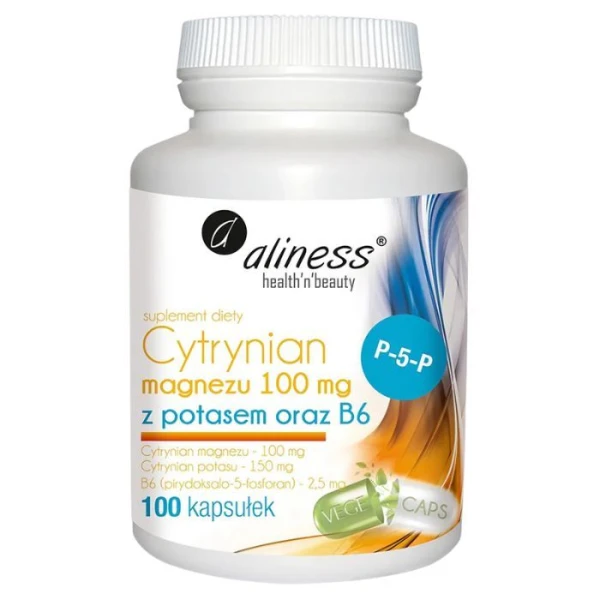 Aliness, Cytrynian Magnezu 100mg z potasem oraz B6, 100 kapsułek