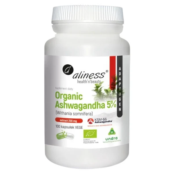 Aliness, Organic Ashwagandha 5%, 100 kapsułek