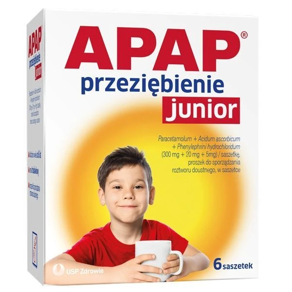 Apap Przeziębienie Junior (300mg+20mg+5mg), proszek, od 6 lat, 6 saszetek