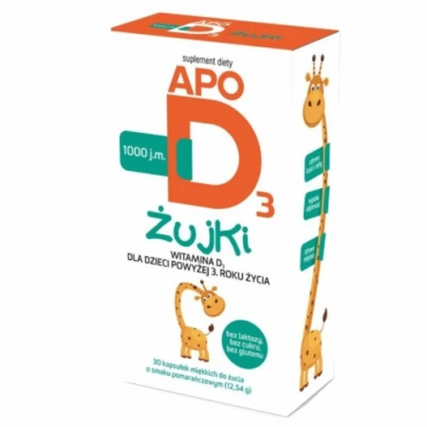 ApoD3 Żujki, witamina D3 1000 j.m., dla dzieci powyżej 3 roku życia, smak pomarańczowy, 30 kapsułek do żucia