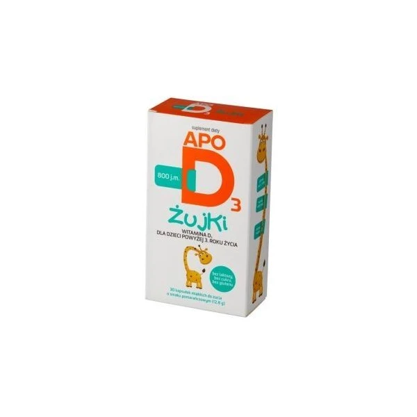 ApoD3 Żujki, witamina D3 800 j.m., dla dzieci powyżej 3 roku życia, smak pomarańczowy, 30 kapsułek do żucia