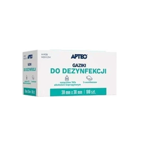 Gaziki do dezynfekcji z alkoholem izopropylowym 70%, Apteo, 30mm x 30mm, 100szt