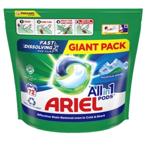 Ariel All in 1, kapsułki do prania, do białych i jasnych tkanin, Mountain Spring, 72 sztuki