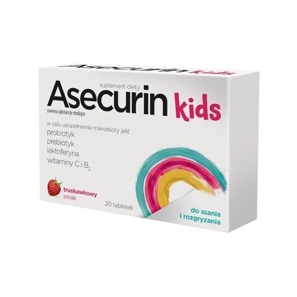 [DATA - 2026-11-30] Asecurin Kids, smak truskawkowy, dla dzieci po 3 roku życia, 20 tabletek do ssania i rozgryzania